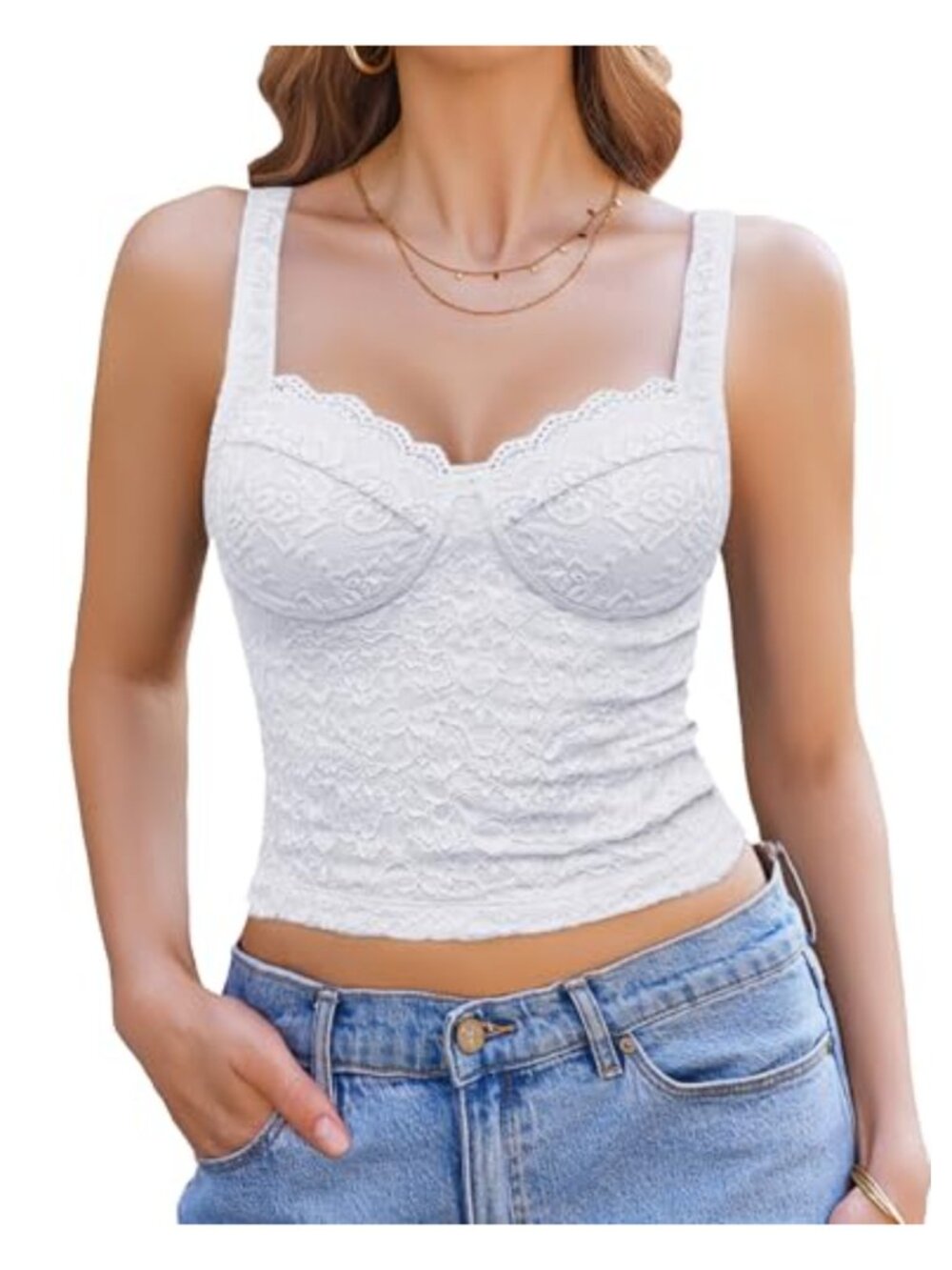 Lace Crop Tank Top Sweetheart Neck Sleeveless Adjustable Strap